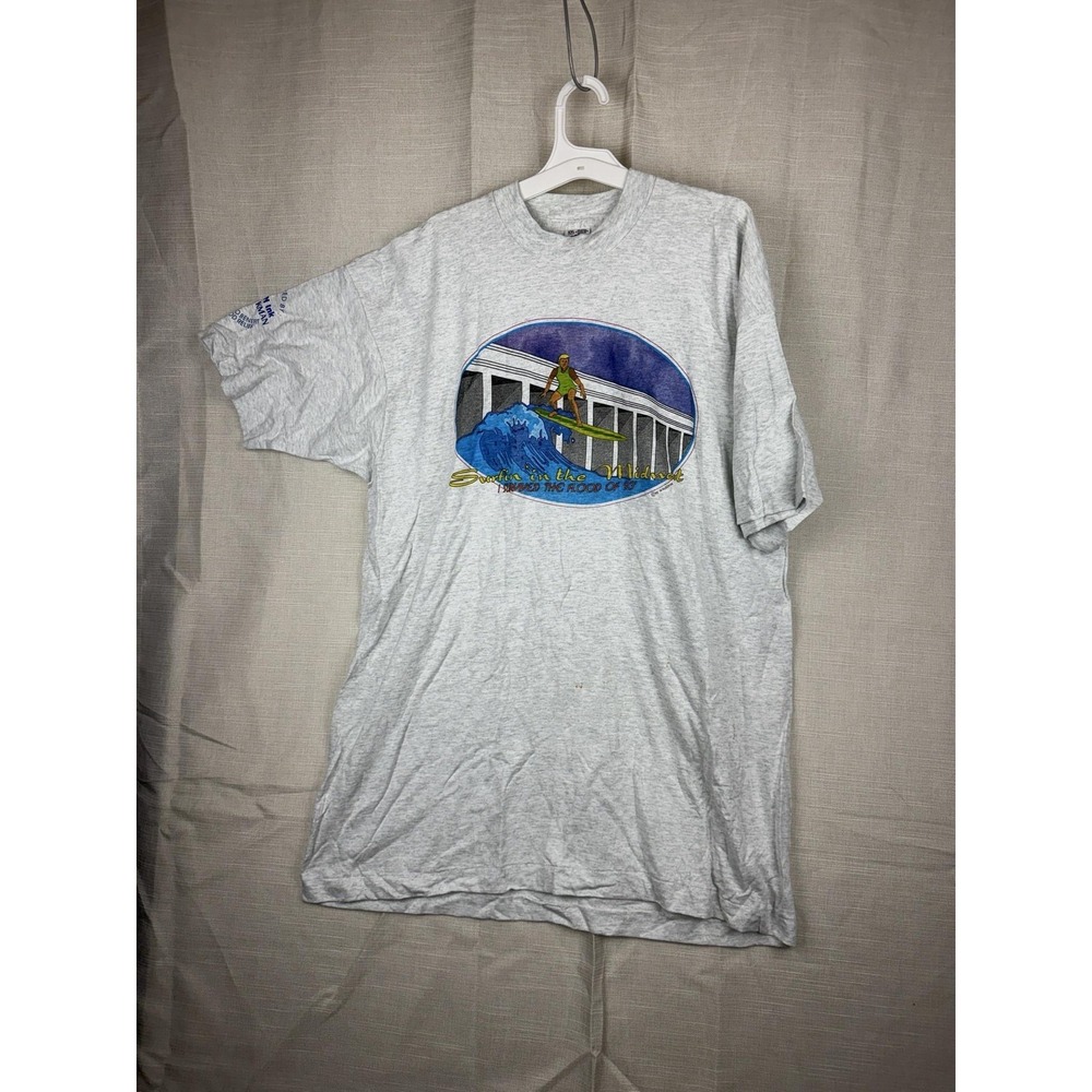 Vintage Fruit Of The Loom Shirt Mens 2XL Surfin Midwest Flood 93 Graphic Tee 90s